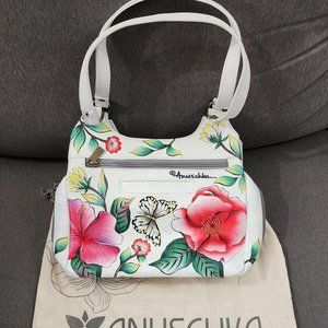 Anuschka Hand-Painted Leather Hobo Satchel Garden Of Hope Ivory Color